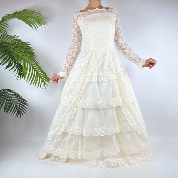 Vintage 50s Cream CottagecoreāFloral Lace Chantilly Maxi Tier Prom Dress / Sz: S - Picture 3 of 10